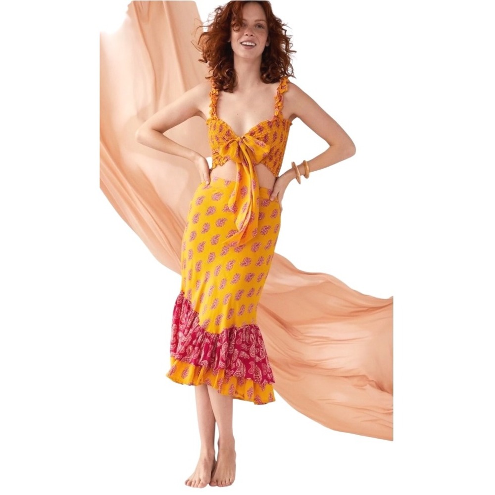 Cool Change Skirt Women Small Yellow Paisley Tiered Ruffle Hem‎ Boho Midi NWT